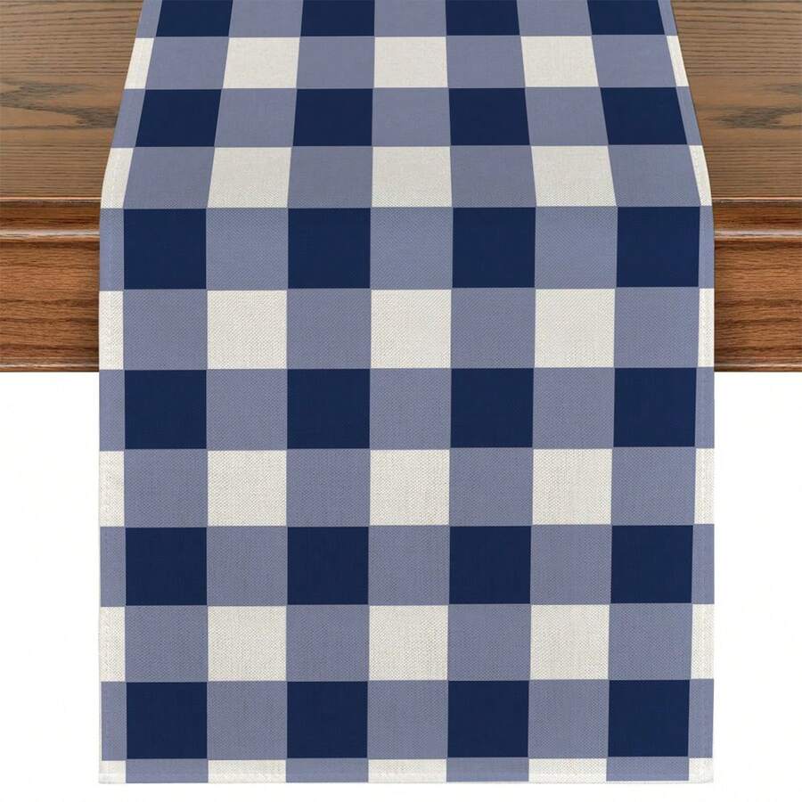 1件经典水牛格纹桌旗,100%涤纶梭织长方形桌布,蓝白格纹,适用于新年、情人节、复活节、感恩节、圣诞节、假日小屋装饰、露营派对用品 - 海軍藍 - 查看 1