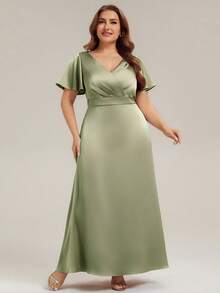 EVERPRETTY Gaun Malam Maxi Satin Hijau Sage Ukuran Plus Elegan dengan Leher V dan Lengan Berkerut, Cocok untuk Tamu Pernikahan di Taman. - Mint Green - View 3