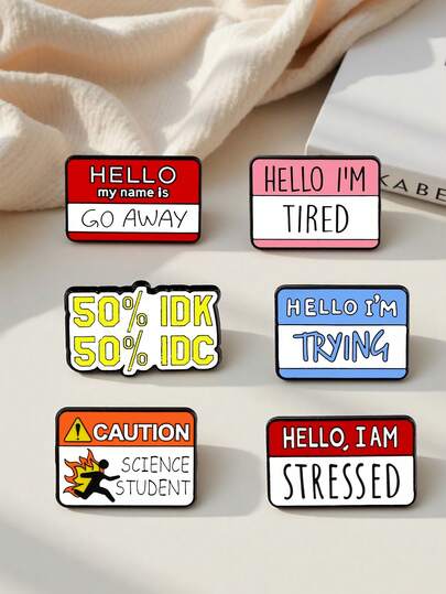 6pcs New Geometric Speech Bubble English Phrase Brooch, Minimalist Versatile Decoration For Clothes, Bags, Scarves, Hats