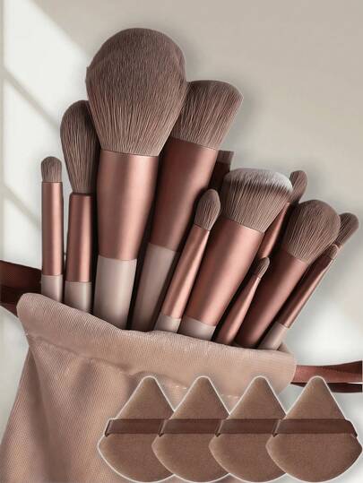 17pcs Makeup Brush Set, Including 4 Brown Triangle Powder Puffs (For Loose Powder), Crystal Velvet Short Hair, Soft And Sticky; 13pcs Makeup Brushes, Soft And Fluffy, Professional Foundation Brush, Powder Brush, Eyeshadow Blending Brush, With Makeup Bag, Makeup Sponge, Suitable For Makeup Beginners, Random Brown Color.,Giveaways