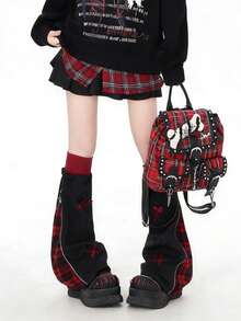 1 双黑红格子轻薄多层保暖腿套，饰有星形拼接和拉链设计，小众风格 - 黑色 - 查看 6