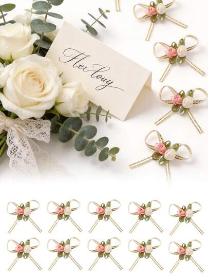 30pcs Rose Flower & Bow Gift Packaging Accessories, Elegant Ribbon Bow Adorned With Pink And White Roses, Suitable For Weddings, Engagements, Home Decorations, Birthdays, Gift Embellishments, DIY Crafts And Gift Packaging