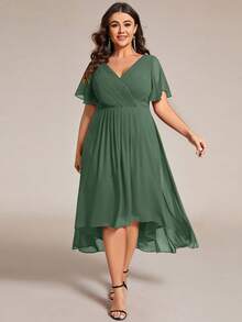 EVERPRETTY Plus Size Elegant Chiffon V-Neck Ruched Front Green Bridesmaid Dress, Soft High-Low Ruffle Hem, Suitable For Wedding Ceremony And Formal Evening Events - Green - View 5
