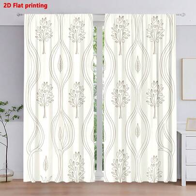 2pcs/Set Spring Geometric Line Tree Pattern Curtains, Digital Printing Perforated, Suitable For Living Room, Bedroom, Study, Home Decor