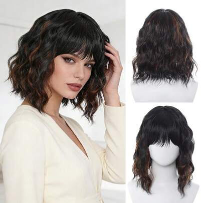14 Inch Short Big Curly Bob Wigs For Women Body Wavy Red/Black/Pink Wig With Bangs Short Heat Resistant Synthetic Wigs For Party Costume Daily Wear Colorful Wigs