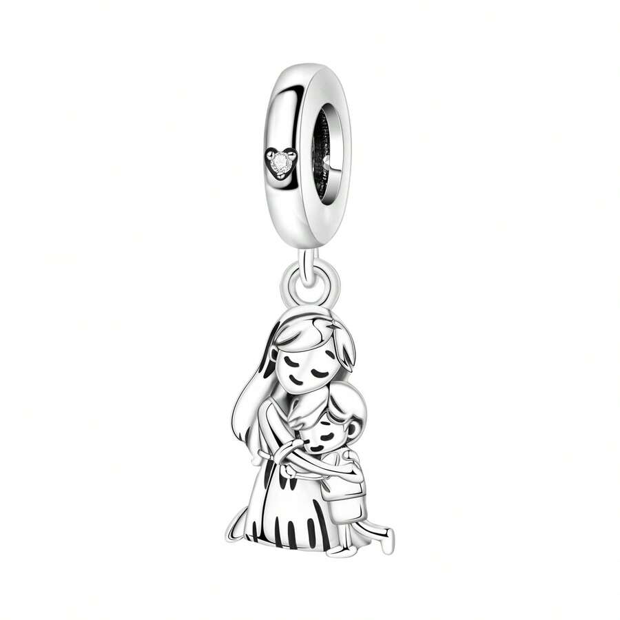 CYMYSS 1pc Heartwarming Cartoon Style 925 Silver Plated Cubic Zirconia "Mother Hugging Child" Pendant, Mother's Day/Birthday Gift For Women