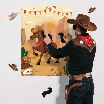 给马尾巴贴尾巴游戏，含30条尾巴，大型西部牛仔马主题游戏海报，适合牛仔主题派对、西部生日派对、嘉年华派对用品