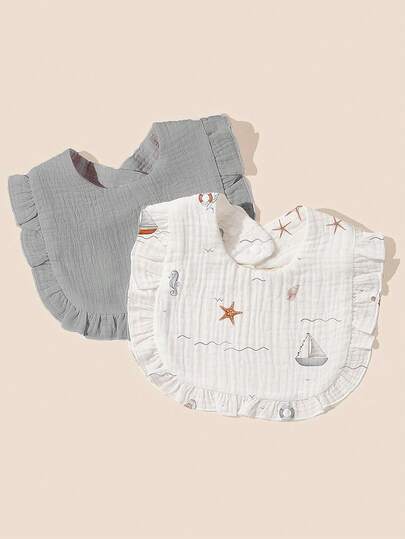 2pcs Soft & Comfortable Strawberry Fruit Print Cute Bear Head Decor Baby Bibs With Ruffle Trim