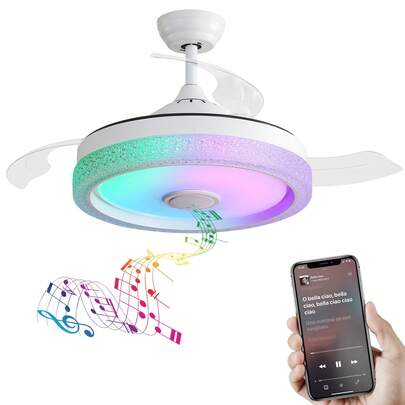  Sofucor 42in Retractable Invisible Blades Ceiling Fan.Bluetooth Music Player,Chandelier LED Light,6 Speeds Settings,Remote Control For Bedroom Indoor/Outdoor,Timed 1H/4H/8H