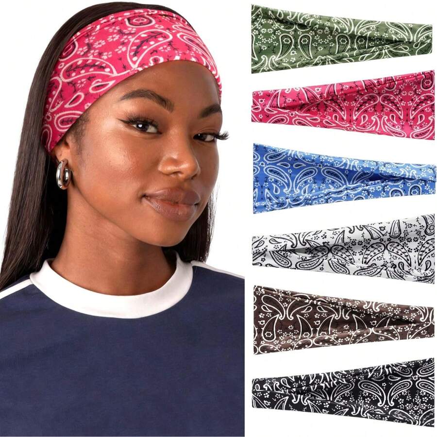 6pcs Women Headbands, Elastic Headbands Non-Slip For Yoga Exercise, Paisley Bohemian Pattern, Polyester - Multicolor - View 1