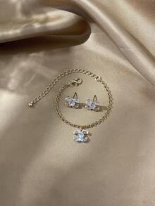 LADYCOCO 2件套时尚优雅立方氧化锆不锈钢链镶嵌水钻吊坠手链和耳环首饰套装，女士 - 彩色 - 查看 2