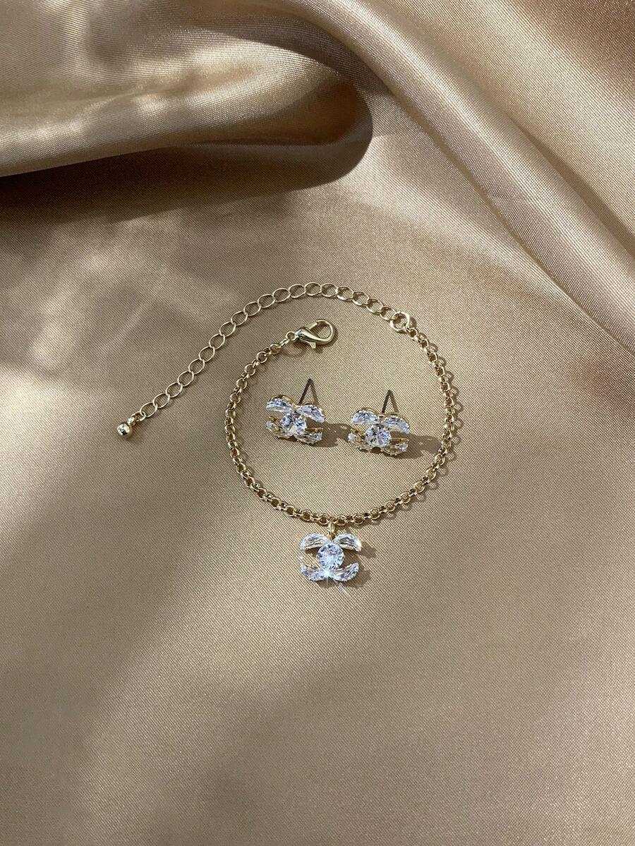 LADYCOCO 2pcs Set Fashionable & Elegant Cubic Zirconia Stainless Steel Chain With Inlaid Rhinestone Pendant Bracelet & Earrings Jewelry Set For Women - Multicolor - View 1