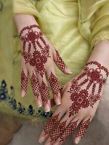 4张海娜花卉临时纹身贴纸，红棕色海娜曼陀罗花蕾丝图案性感防水人体彩绘纹身，适用于手部、手臂、背部、节日、派对、日常佩戴 - 棕色 - 查看 3