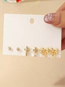 Set de 6 piezas de aretes de metal simple con cruces y moños con strass, regalo del Día de San Valentín - Dorado - Ver 2