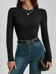 Long-Sleeved Bodysuit With A Round Crew Neck, Fitted, Smooth, Stretchy Fabric. - 黑色的 - 查看 2