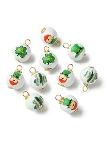 10个圣帕特里克节印花木质吊坠，金色铜丝缠绕圆形挂件，绿色，随机混装，尺寸：24~24.5x15~16.5毫米，孔径：4~4.5毫米 - 89#10Pcs - 查看 1