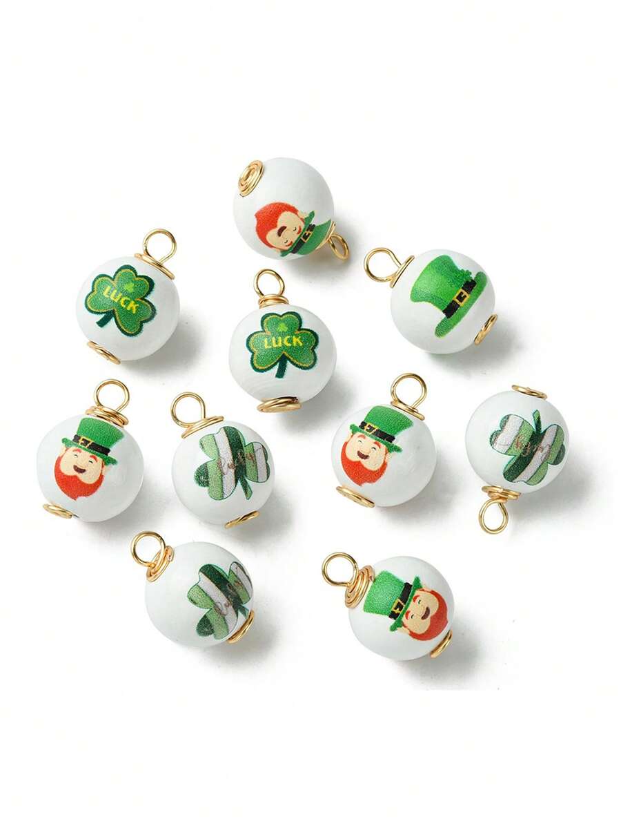 10个圣帕特里克节印花木质吊坠，金色铜丝缠绕圆形挂件，绿色，随机混装，尺寸：24~24.5x15~16.5毫米，孔径：4~4.5毫米 - 89#10Pcs - 查看 1