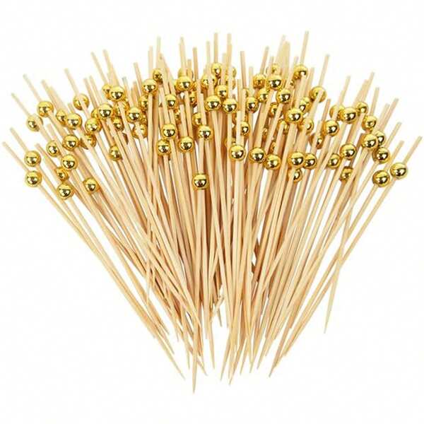 200/100/50/10pcs Set Pearl Decorated Bamboo Skewers, Gold Pearl Fruit Picks, Suitable For Various Theme Parties, Appetizers, Fruit Drinks, Desserts, Breads, Cakes, Kitchen, Suitable For Restaurants, Kitchens, Theme Parties, Weddings, Christmas, Gifts