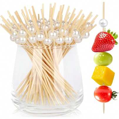200/100/50/10支装珍珠装饰竹签，白色珍珠水果签，适用于各种主题派对、开胃菜、果汁、甜点、面包、蛋糕、厨房、餐厅、主题派对、婚礼、圣诞节、礼品
