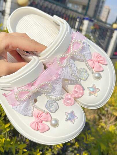 Set de 12 decoraciones de lazo rosa y blanco para zapatos, accesorios de zapatos de la serie rosa, clips de zapatos desmontables, elegantes y de moda, adecuados para sandalias, pantuflas, excelentes para regalos de vacaciones