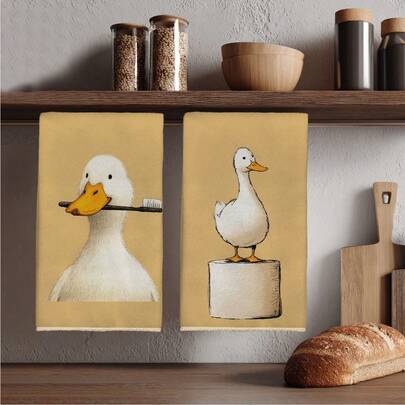 2pcs Cartoon Duck Design Dish Towels, 15.7x23.6 Inches, Rustic Style, Suitable For Home Cooking And Housewarming Gifts, Multifunctional Holiday Decor, Birthday Gifts, Soft And Durable Material For Cooking, Baking And Cleaning, Bathroom