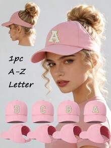 1顶女士定制A-Z字母马尾棒球帽，休闲凌乱丸子头马尾帽，透气遮阳帽，高马尾老爹帽，适合海滩度假街头风日常出行 - 粉色 - 查看 1