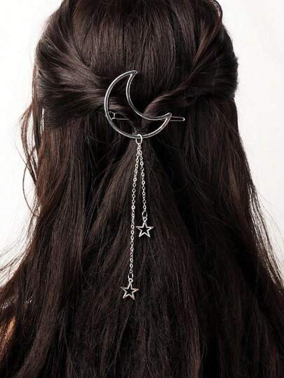 1pc Women's Moon Tassel Hair Clip, Gold Moon Festival Hair Accessory With Stars And Moon, Suitable For Festivals, Parties, Daily Wear, Pendant, Gift, Ramadan