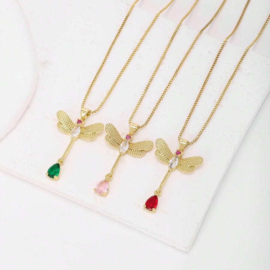 1件彩色锆石18K镀金铜蜻蜓吊坠项链，奢华珠宝，简约设计，精美女士礼物 - 吊墜項鍊 - 查看 1