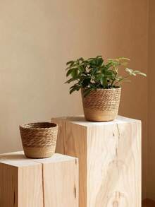 1 pieza Cesta de planta de junco marino tejida de forma natural, tamaños pequeño/mediano/grande, decoración del hogar, jarrón, estilo rústico, cesta de pared de estilo costero, organizador de almacenamiento para sala de estar/baño, decoración de primavera/verano - Multicolor - Ver 2