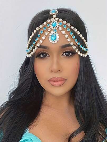 Bohemian Fashion Multi-Layer Crystal Blue Teardrop Pendant Headchain, Glamorous Party/Ball Jewelry Accessory For Women