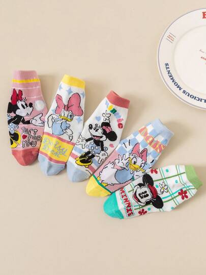  5 par uroczych skarpetek do połowy łydki z kolekcji Disney Myszka Miki dla dziewczynek | Żywy wzór w mieszanym stylu z nadrukami Myszki Miki, wysokiej jakości krótkie skarpetki – idealny prezent świąteczny dla małych księżniczek, losowa dostawa