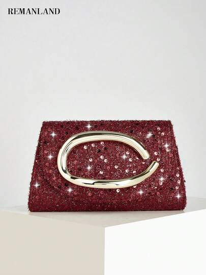 REMANLAND Luxurious And Sparkling Sequin Clutch With Curved Metal Ring Handle, Featuring A Dazzling Full-Sequin Finish, Bold Curved Metal Ring Detail And Classic Envelope Flap Design. It Is The Perfect And Eye-Catching Accessory For Dinner Parties, Glamorous Galas And Formal Balls, Making It An Ideal Gift For Women Who Love Glamorous And Statement-Making Pieces.