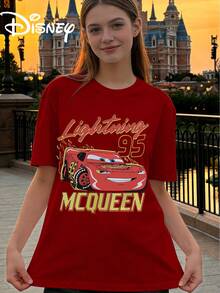 Disney Racing: Lightning McQueen Flame Printed Loose Short Sleeve T-Shirt Women's Casual Top - 紅色 - 查看 1