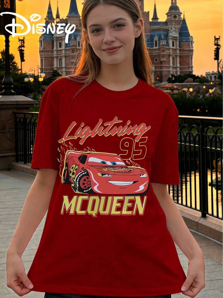 Disney Racing: Lightning McQueen Flame Printed Loose Short Sleeve T-Shirt Women's Casual Top - 紅色 - 查看 1