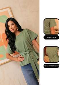 Stylish Women's Cotton T-Shirt With Tie Detail, Short Sleeves - Màu xanh Bạc hà - Xem 4