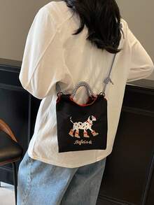 可爱斑点狗刺绣迷你方包，休闲百搭单肩斜挎包，学生日常包 - 黑色 - 查看 5