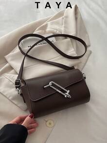 新款极简几何金属扣翻盖方形手提包，多功能女士斜挎包，高端百搭女士通勤手提包 - 咖啡 - 查看 2