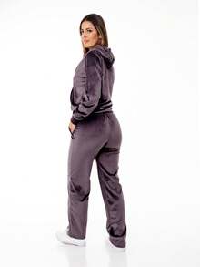 Women's Plus Size Sets In Velvet Plush Fabric, Blouse With Zipper And Basic Pants HZ-Con-001 - Dark Grey - View 2