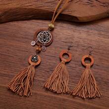 1/3pcs Bohemian Vintage Jewelry Set - Long Pendant Necklace, Tassel Leaf Design Earrings, Polka Dot Pendant Versatile Hippie Style Accessories For Women, Daily Wear, Party, Commute - Coffee Brown - View 4