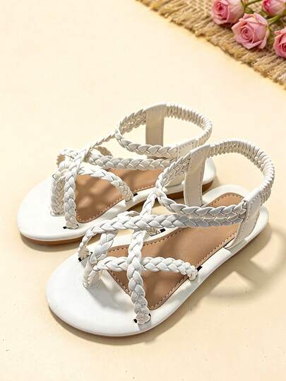 1 Pair Girls' White Open Toe Flat Sandals, Woven Strap Design, Comfortable & Breathable, Suitable For Summer, Weddings, Parties, Casual Dining
