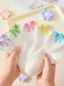 3 pares de calcetines de niña de media caña con diseño de lazo 3D en colores aleatorios y variados, adecuados para uso diario en todas las estaciones - Multicolor - Ver 10