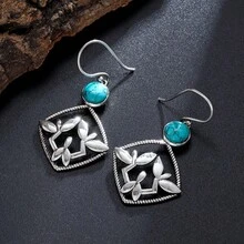 1对波西米亚风绿松石菱形叶子吊坠耳环 - 彩色 - 查看 3