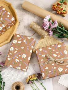 Lavendel & Gänseblümchen Blumen Kraftpapier Rolle, lila Blumen Geschenkpapier, braunes Kraftpapier, geeignet für Frühlingshochzeit, Muttertag, Geburtstagsparty, Geburtstags Geschenkverpackung - Mehrfarbig - Übersicht 2