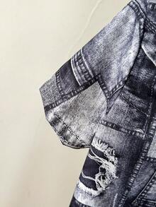 Young Boys' Two Pieces Set, Casual Outfit For Boys, Color-Blocked Denim Effect Short-Sleeve Shirt And Shorts, Comfortable Leisurewear, Suitable For Daily And Outdoor Wear, Perfect For Outdoor Activities. - Navy Blue - View 3