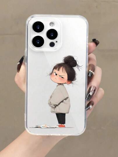 1 st. tecknad flicka grafisk transparent heltäckande TPU-mobilskal kompatibelt med 16 15 14 13 12 11 Pro Max, A55/54/53/52/51, S24/23/22/21 Ultra