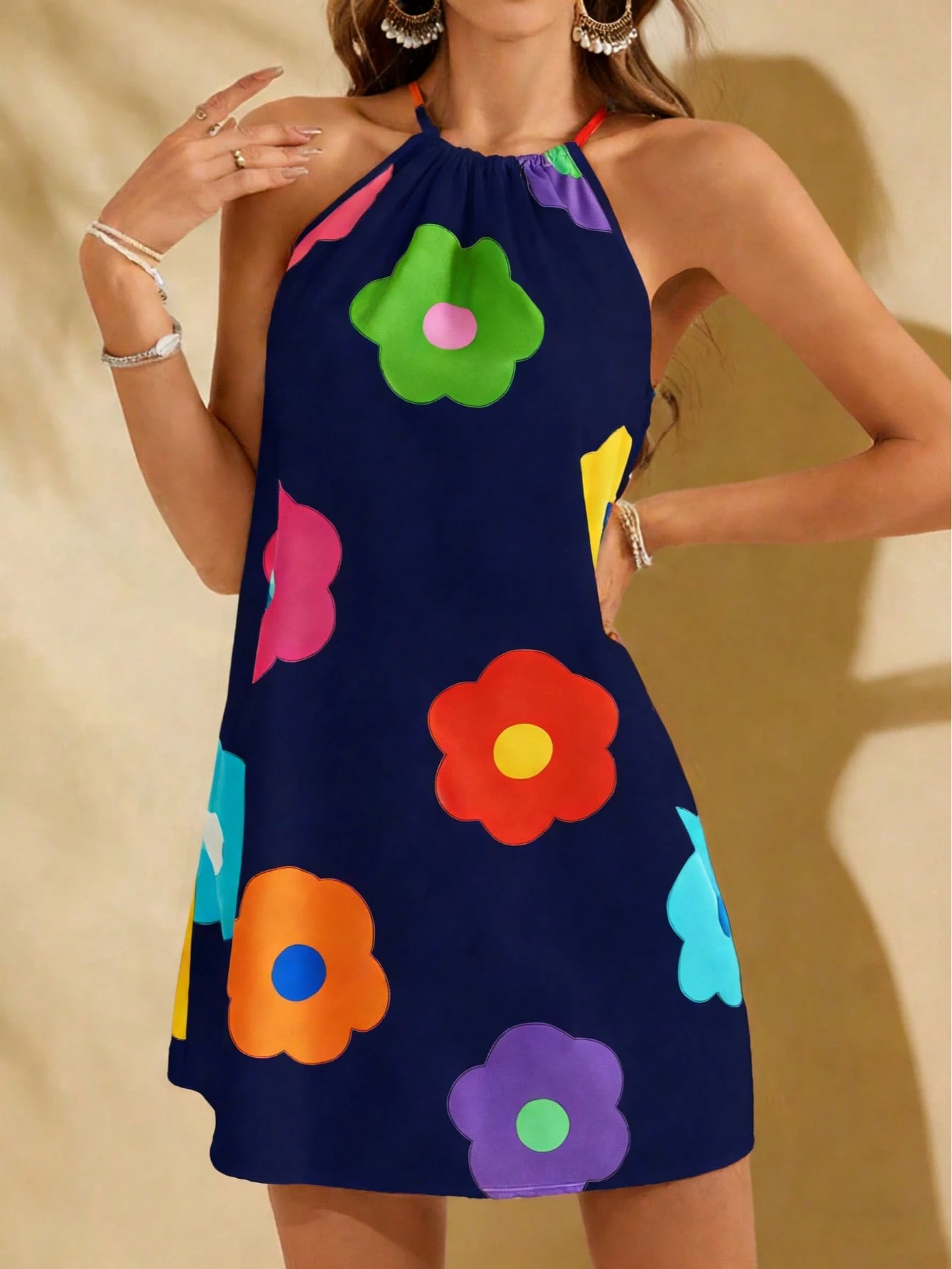 Missord Vestido Colorido Estampado com Ombros de Fora, Feito de Tecido Trançado, para Mulheres, Adequado para Praia, Romântico, Primavera/Verão, Vestido de Verão, Férias, 25 Estilos - Azul Marinho - Visão 1