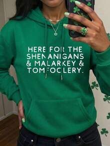 Women's Casual Funny Slogan Graphic Round Neck Long Sleeve Hoodie, Suitable For Spring, Autumn And Winter, Valentine's Day/Back To School Outfit - Green - View 3
