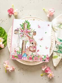 20pcs Easter Bunny Printed Party Napkins - 2-Ply 24.89x24.89 Cm Green Plaid With Butterfly & Rabbit Design, Handmade Bone Bart Paper Placemats For Easter Spring Table Decorations - Multicolor - View 2