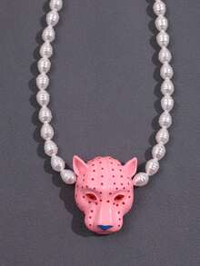 夸张粉色珐琅豹头珍珠吊坠项链，复古Y2K女士颈链，适合日常佩戴、派对、度假、街头摄影 - 彩色 - 查看 2
