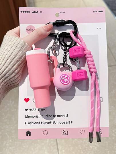 1個 新作 DIY 編み紐キーチェーンセット、ブラックとピンクのバッグペンダントセット、DIY手作り組み立てフィットネスシリーズ ゴムキーチェーン、バーベル ミニダンベルペンダントバッグ装飾、ギフト用アクセサリー、バッグ装飾、財布装飾、キーチェーンペンダント、バレンタインデーの女性への贈り物、新年の男性への贈り物、先生への贈り物、彼女への贈り物